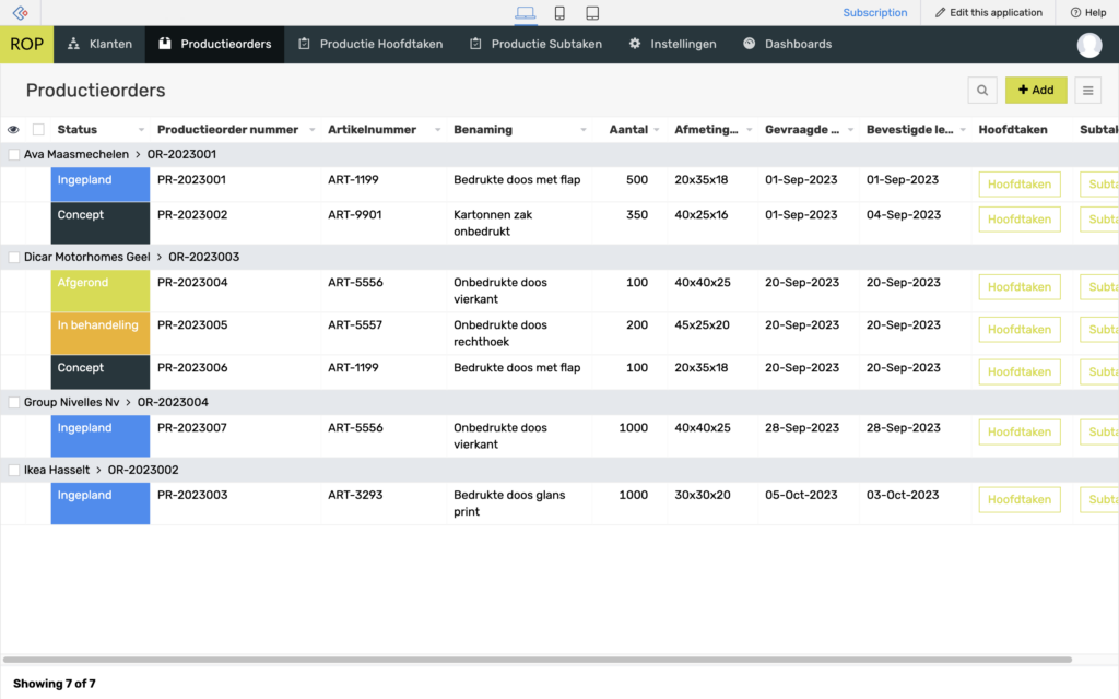 Aziri Productieplanner - Productieorders overzicht